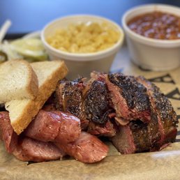 Brisket and sausage combo with beans and Mac & cheese.