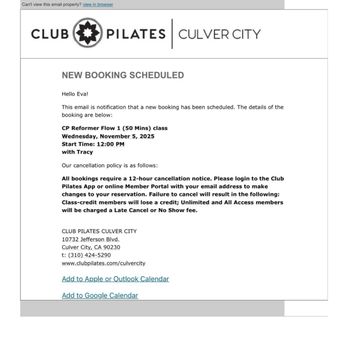 Club Pilates - The confirmation of the classes my sister and I had together and were cancelled with no explanation whatsoever. - Yoga Near Me - Culver City, California Club Pilates - The confirmation of the classes my sister and I had together and were cancelled with no explanation whatsoever. - Yoga Near Me - Culver City, California
