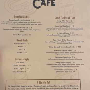 Seven Acre Dairy Company - The Dairy Cafe menu, February 2023. - Hotels Near Me - Belleville, Wisconsin Seven Acre Dairy Company - The Dairy Cafe menu, February 2023. - Hotels Near Me - Belleville, Wisconsin