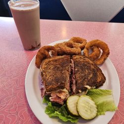 Eagle Diner - Corned Beef Rueben with Onion Rings and chocolate syrup milk