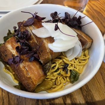 Community Tavern - Pork Belly Egg Noodles - New American Near Me - Chicago, Illinois Community Tavern - Pork Belly Egg Noodles - New American Near Me - Chicago, Illinois