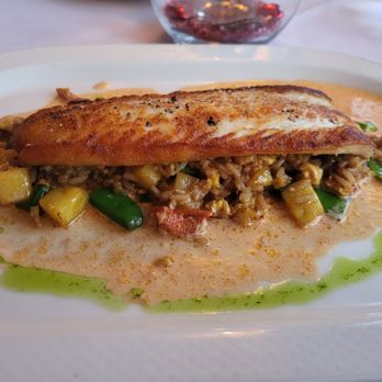 La Plage Wading River - Fluke over pineapple rice. Outstanding - French Near Me - Wading River, New York