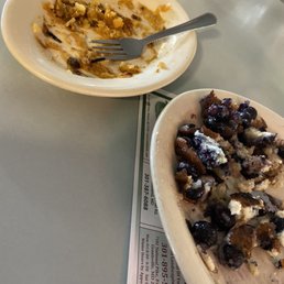 Amount of blueberries I couldn't bare to eat from my pancakes and what's left of the saltiest house fries I've ever had.