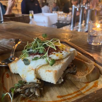 Lechon - Foraged Mushrooms* farm egg aged permesan , tosted brioche, caramelized onion puree - Tapas Bars Near Me - Portland, Oregon