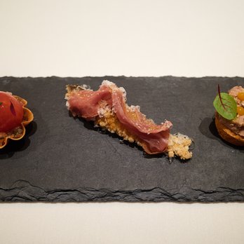 Margotto Hawaii - June 2023 - Trio of starters (Marinated Toki salmon, fritto di ayu, foie gras terrine) - French Near Me - Honolulu, Hawaii Margotto Hawaii - June 2023 - Trio of starters (Marinated Toki salmon, fritto di ayu, foie gras terrine) - French Near Me - Honolulu, Hawaii