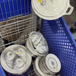 Goodwill Thrift Store and Donation Center - This photo shows the glass items in my cart after I found them separated on the store shelves and realized they were part of a set.