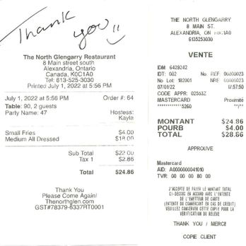 The North Glengarry Restaurant - the receipt - Pizza Near Me - Alexandria, Ontario