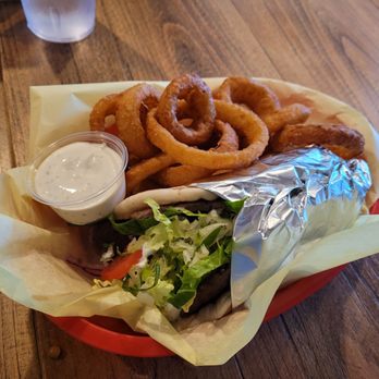 Wally's Cafe - beef & lamb gyros wrap with onion rings - Mediterranean Near Me - Rocklin, California