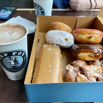 Top Pot Doughnuts - Ovaltine Latte - 16 oz. Plain Old Fashioned Raspberry Glazed Raised Ring Valley Girl Lemon Bavarian Cream Bismark Maple Bar Apple Fritter - Bakeries Near Me - Seattle, Washington