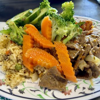 Vegan Shop - 3 choice plate w fried rice, lemongrass beef & basil tofu...super good! - Vegan Near Me - Hilo, Hawaii Vegan Shop - 3 choice plate w fried rice, lemongrass beef & basil tofu...super good! - Vegan Near Me - Hilo, Hawaii