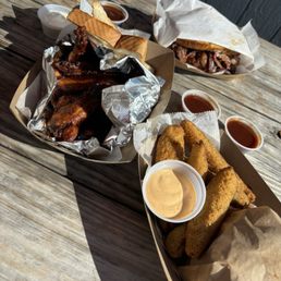 Smoked wings, fried pickles, pit master, smokin gin