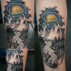 Fox Tattoo Parlor & Gallery - Custom mountain scenery and galaxy.