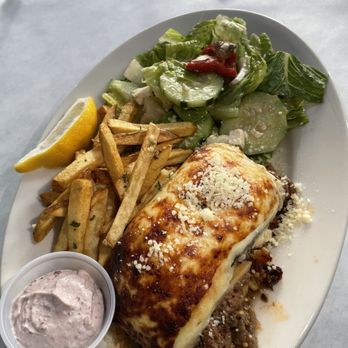 Athena Grill - Mousaka with fries and salad - Greek Near Me - Santa Clara, California Athena Grill - Mousaka with fries and salad - Greek Near Me - Santa Clara, California