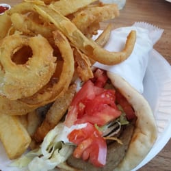 Alpha Restaurant - Gyro with onion rings and fries