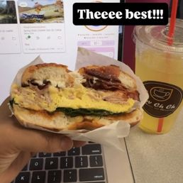 Protein, bagel, and pineapple drink
