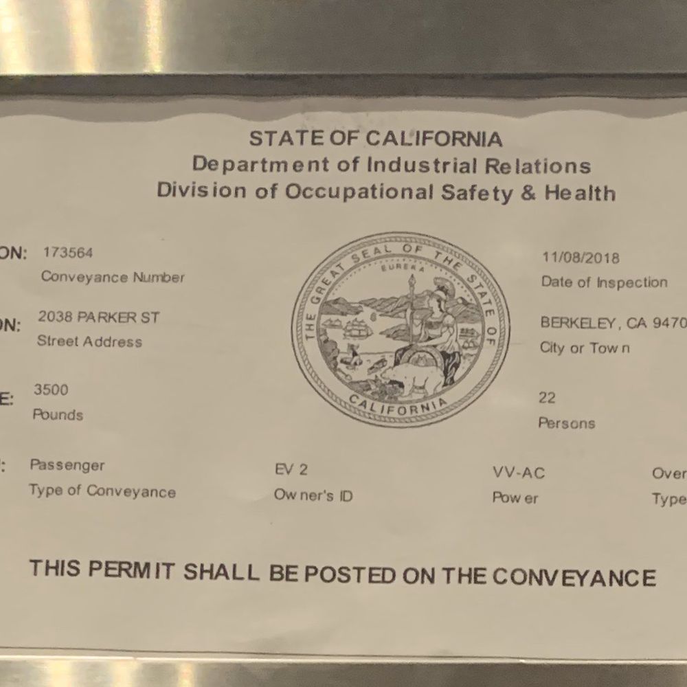 Parker - EXPIRED PERMIT & ELEVATOR MALFUNCTIONS RANDOMLY - UNSAFE FOR TENANTS - Apartments Near Me - Berkeley, California Parker - EXPIRED PERMIT & ELEVATOR MALFUNCTIONS RANDOMLY - UNSAFE FOR TENANTS - Apartments Near Me - Berkeley, California