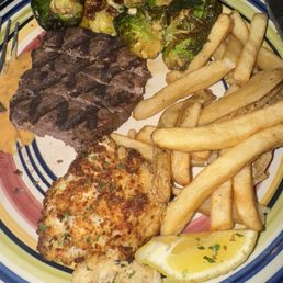 Combination: Steak & Crab Cake, fries, Kung Pao Brussels Sprouts (not pictured: huge piece of bread with olive oil).