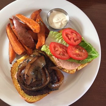 Veganized - Lentil burger with lettuce tomato grilled onion thinly sliced pickles some kind of pink sauce and sweet potato fries with cashew sauce - Vegan Near Me - New Brunswick, New Jersey Veganized - Lentil burger with lettuce tomato grilled onion thinly sliced pickles some kind of pink sauce and sweet potato fries with cashew sauce - Vegan Near Me - New Brunswick, New Jersey