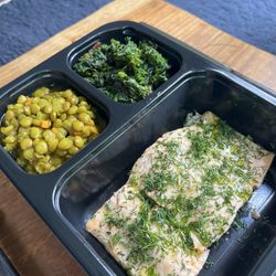 Bcon Meals - Lemon poached salmon with braised tumeric lentils and garlic kale - TO DIE FOR.