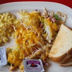 Downtown Diner - Loaded hash brown minus bacon and sausage, scrambled eggs, sourdough toast.
