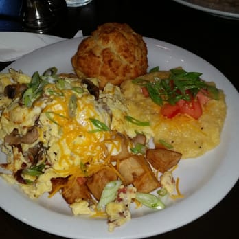 B Matthews Eatery - The Bay Street Scramble with a side of cheese grits - New American Near Me - Savannah, Georgia