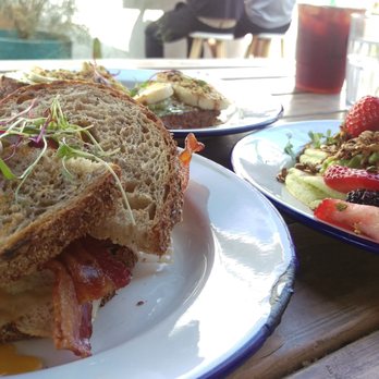 Blueys Kitchen - Summer Squash Pancakes; Fried Egg Sandwich; and Sweet Halloumi Tartine - Cafes Near Me - Santa Monica, California