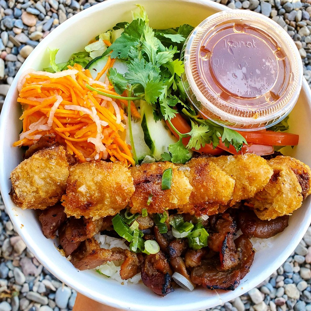 Cafe Trang Bistro - Rice bowl with honey glazed pork and GF eggroll - Vietnamese Near Me - Lehi, Utah Cafe Trang Bistro - Rice bowl with honey glazed pork and GF eggroll - Vietnamese Near Me - Lehi, Utah