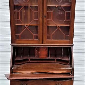 Black Cat Restoration - Vintage Mahogany Secretary Desk-Repaired, Refinished to a Solid Color/Painted, Glass Doors Altered to Simplify the Look - Furniture Repair Near Me