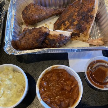 Hoot's Smokehouse - 1/2 chicken with potato salad and baked beans $13 - Barbeque Near Me - Houston, Texas Hoot's Smokehouse - 1/2 chicken with potato salad and baked beans $13 - Barbeque Near Me - Houston, Texas