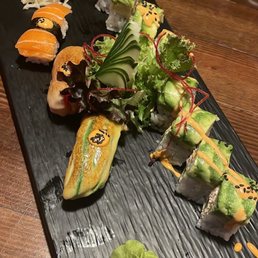 Vegan menu: Salmon, tuna, avocado sushi and i forgot the roll name. It had avocado and "mixed crab" inside Vegan menu: Salmon, tuna, avocado sushi and i forgot the roll name. It had avocado and "mixed crab" inside