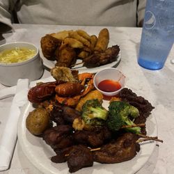 Skewers, Sweet and Sour Chicken, crab, crawlfish, beef and broccoli, salt and pepper steak