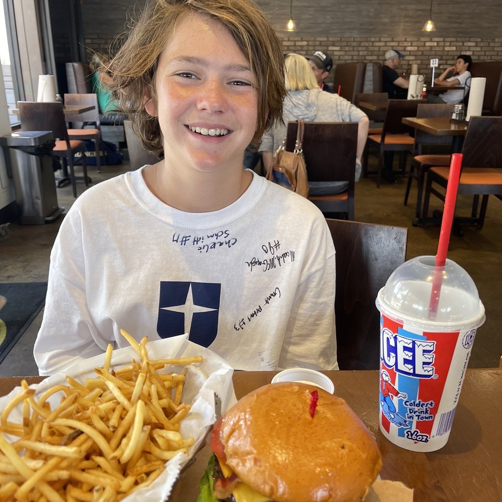 Bacon cheeseburger. Fries. Icee. Bacon cheeseburger. Fries. Icee.