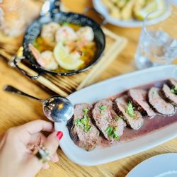 Castilla Restaurant and Tapas Bar - BEEF MEDALION W BACON WRAPPED SHRIMP, GARLIC SHRIMP, CALAMARI TENDERS
