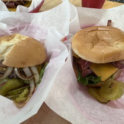 Eureka Stars Hamburgers - Left: Cheeseburger with grilled onions and no tomato  Right: Guacamole with Bacon and Cheese Burger, no onion