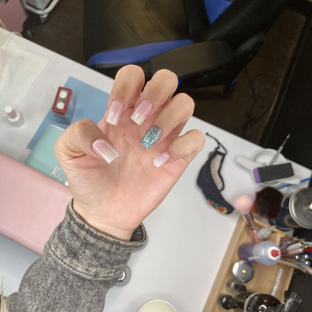 Studio D - White ombré short squares Turquoise gel Gel top coat finish - Hair Salons Near Me - Acton, California Studio D - White ombré short squares Turquoise gel Gel top coat finish - Hair Salons Near Me - Acton, California