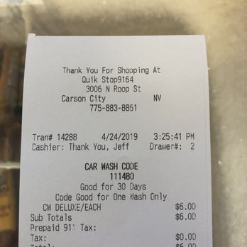Quik Stop - Wednesday, April 24, 2019: my receipt with car wash code. - Convenience Stores Near Me - Carson City, Nevada