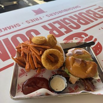 The Burger Joint & Brew - Cali Burger, half sweet potato fries/half onion rings & ranch - Halal Near Me - San Diego, California