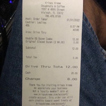 Krispy Kreme - Copy of the receipt to show store and location. - Donuts Near Me - Hialeah, Florida Krispy Kreme - Copy of the receipt to show store and location. - Donuts Near Me - Hialeah, Florida