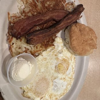 Cypress Breakfast House - 2 egg breakfast with bacon, shredded hash browns, and biscuit - Breakfast & Brunch Near Me - Cypress, Texas