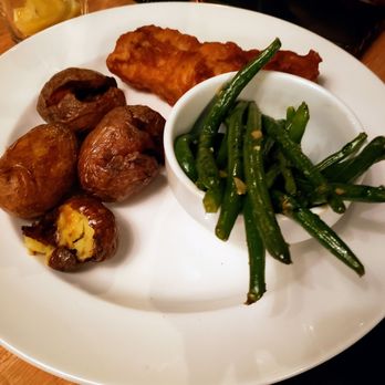 Hazel's - Fish and chips with butter boiled potatoes and green beans substitute - Bars Near Me - Birmingham, Michigan Hazel's - Fish and chips with butter boiled potatoes and green beans substitute - Bars Near Me - Birmingham, Michigan