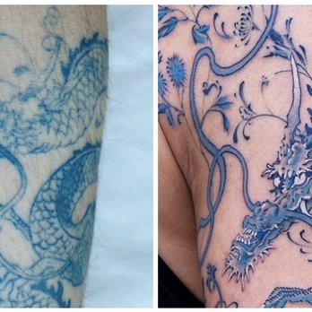 Hello Ink Tattoo Studio - 4 months healed. Comparison of PLAGARIZED dragon head. Already extremely faded. Original work by Oozy - Tattoo Near Me - New York, New York Hello Ink Tattoo Studio - 4 months healed. Comparison of PLAGARIZED dragon head. Already extremely faded. Original work by Oozy - Tattoo Near Me - New York, New York