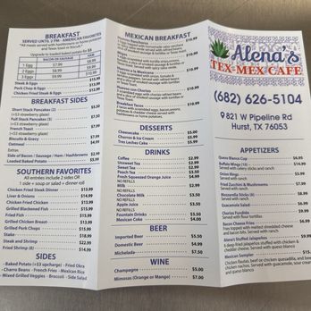 Alena's Tex-Mex Café - Backside of menu - Seafood Near Me - Hurst, Texas