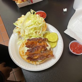Doogie's - Bacon cheeseburger and hotdog and curly fries. - Hot Dogs Near Me - Newington, Connecticut
