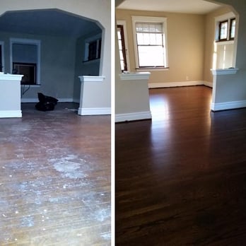 Abeln Floor Systems - Before: old carpet glue, paint, pet stains. After: Rich, smooth coffee colored hardwood! - Flooring Near Me - Maplewood, Missouri