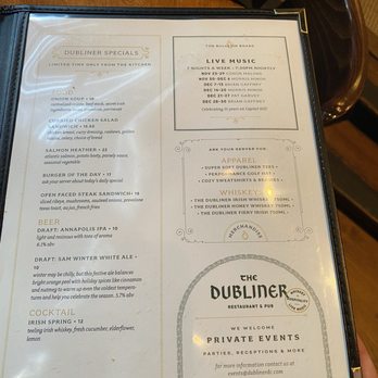 Dubliner Restaurant & Pub - Menu - November 2025 - Irish Near Me - Washington, DC, District of Columbia