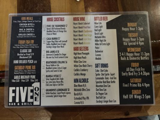 Menu photo 2 Five1 Bar & Grill Arbor Vitae, WI