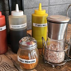 Sizzling Lunch - Condiments. note the pink rock salt