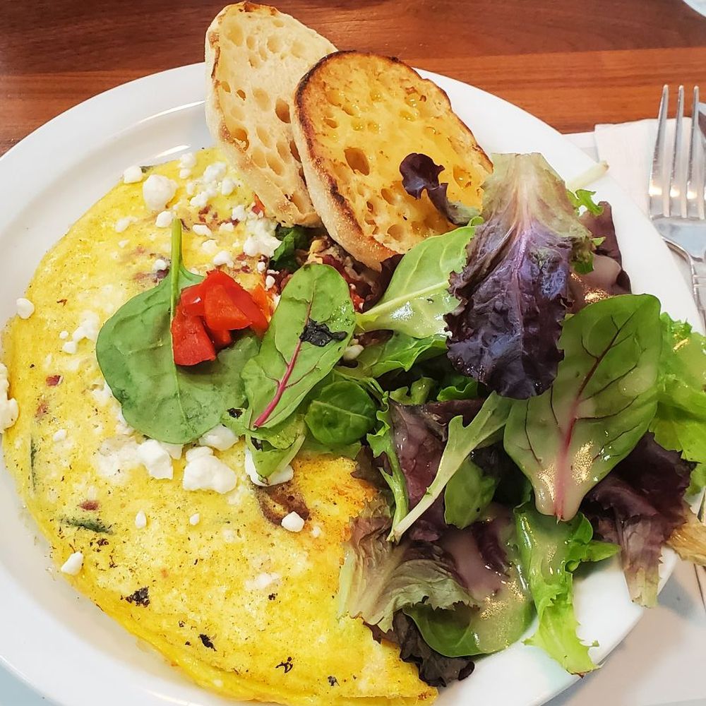 Turning Point - G.O.A.T. Omelet (Spinach, caramelized onions, chopped bacon, roasted red peppers, goat cheese, side salad, and English muffins). - Coffee & Tea Near Me - Paramus, New Jersey Turning Point - G.O.A.T. Omelet (Spinach, caramelized onions, chopped bacon, roasted red peppers, goat cheese, side salad, and English muffins). - Coffee & Tea Near Me - Paramus, New Jersey