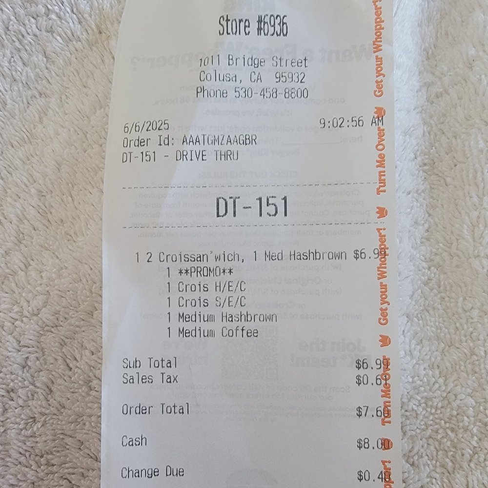 Burger King - June 6 receipt - Burgers Near Me - Colusa, California