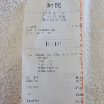 Burger King - June 6 receipt - Burgers Near Me - Colusa, California